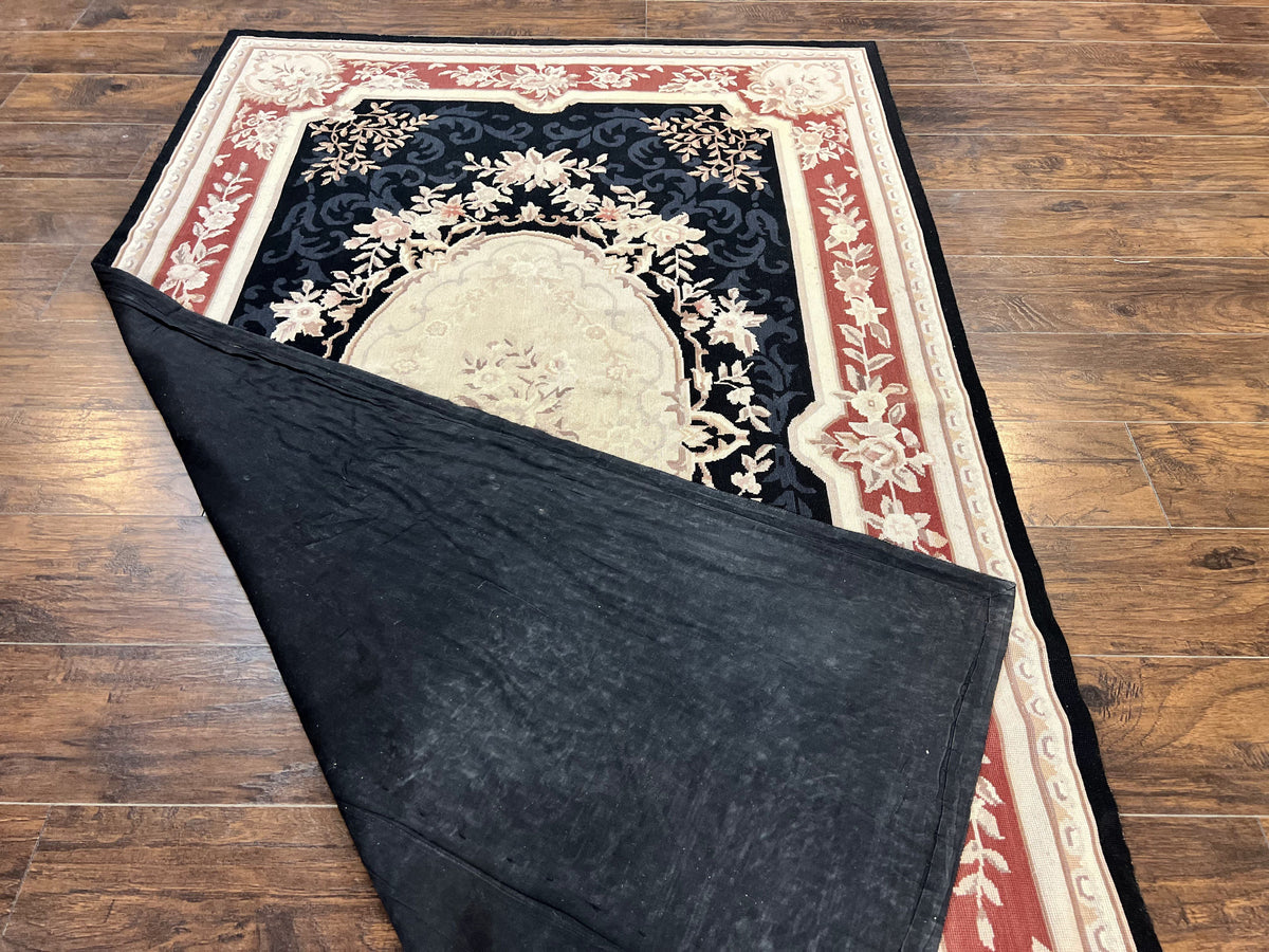 Needlepoint Rug 5x8, Wool Handmade Vintage European Design Carpet, Black & Maroon, French Aubusson Pattern Flatweave Rug - Jewel Rugs, view 12