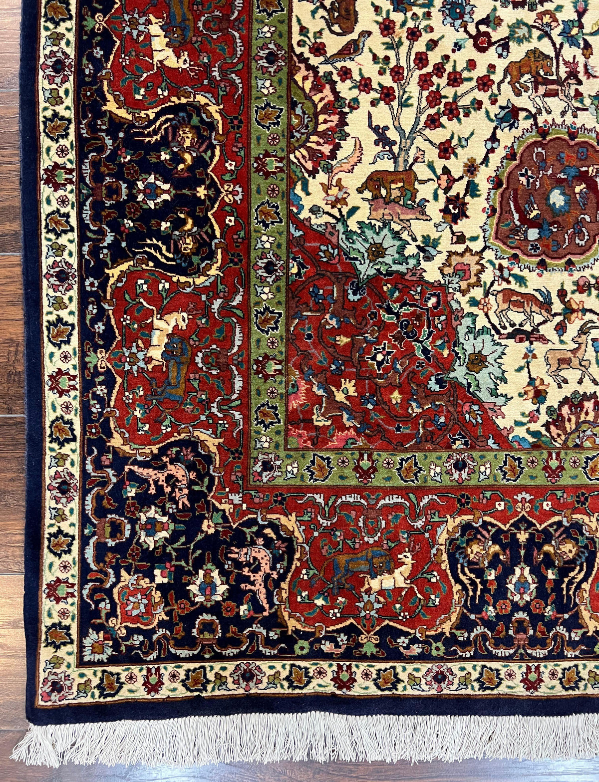 Wonderful Sino Persian Rug 6x10 with Animal Pictorial Motifs, Cream Dark Red Navy Blue, Birds Gazelles, Two Medallions, Top Quality Handmade - Jewel Rugs, view 9