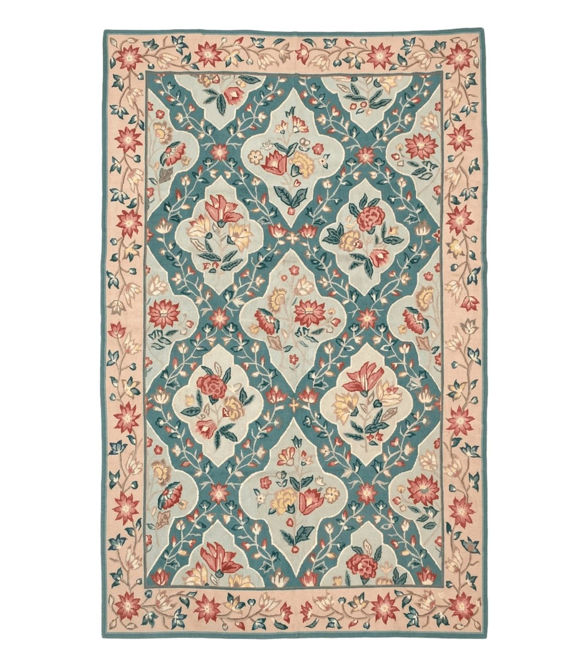 Teal Needlepoint Rug 6x9, Panel Design, Floral Bouquets, Handmade - Jewel Rugs