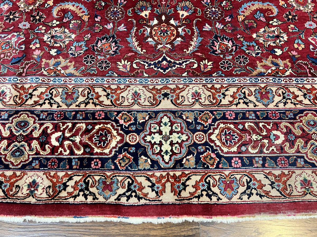 Signed Persian Mashad Rug 8x10, Wool Oriental Carpet, Semi Antique Rug, Hand Knotted, Traditional, Red, Floral Allover, - Jewel Rugs, view 5