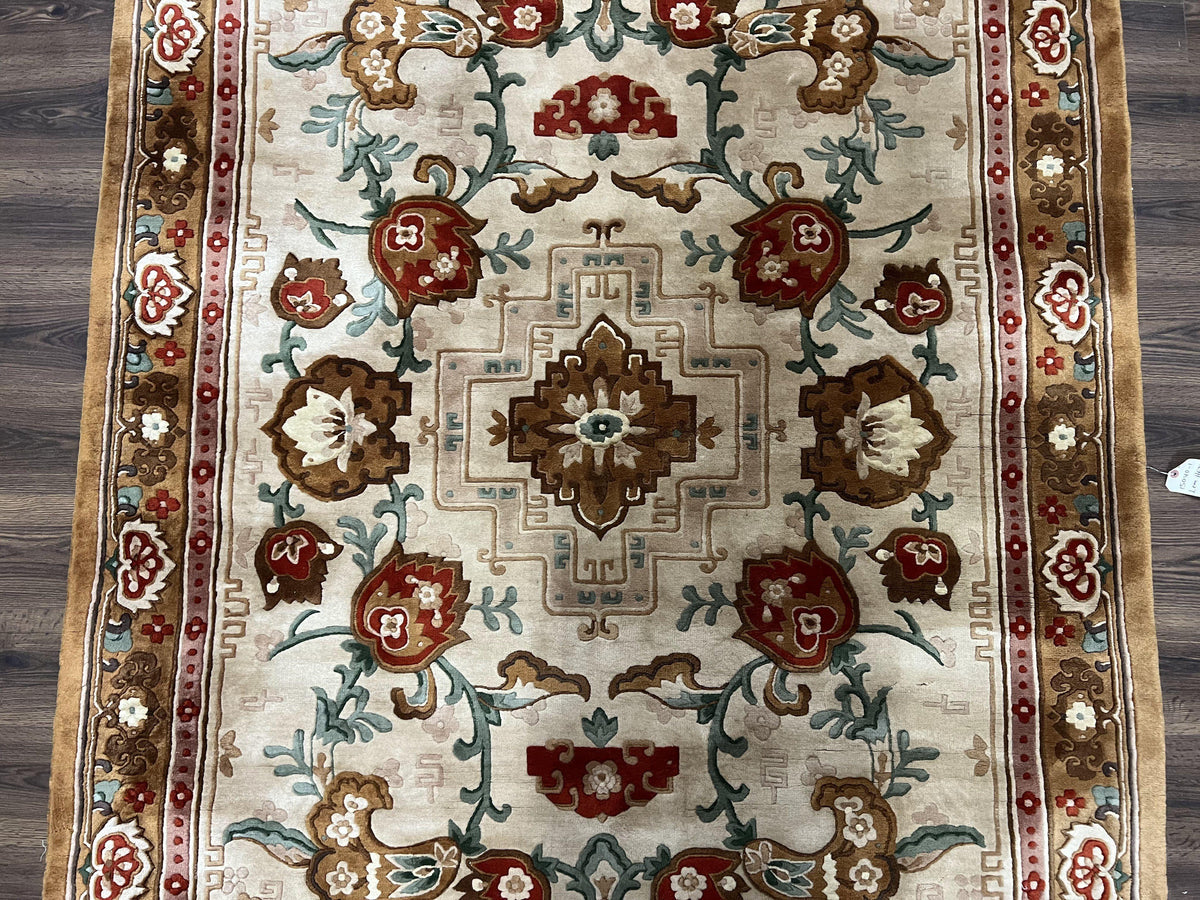 Chinese Wool Rug 5.9 x 9, Tan and Brown Asian Art Deco Carpet, Vintage 1960s Oriental Rug, Hand-Knotted Rug, Soft Wool, Medallion, Pair B - Jewel Rugs, view 5
