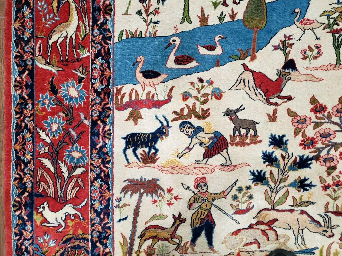 Antique Persian Isfahan Rug 5x7, Animal and Human Pictorials, Hand Knotted Fine Oriental Wool Carpet, Cream and Red, High KPSI, Vintage Rug 5 x 7 ft - Jewel Rugs, view 11