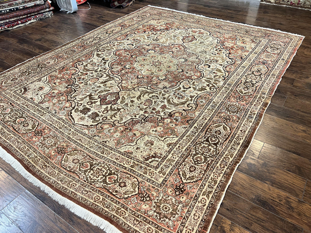 Antique Persian Tabriz Rug 10x12, Wool Hand Knotted Oriental Carpet, Beige Light Red, Floral Medallion - Jewel Rugs, view 2