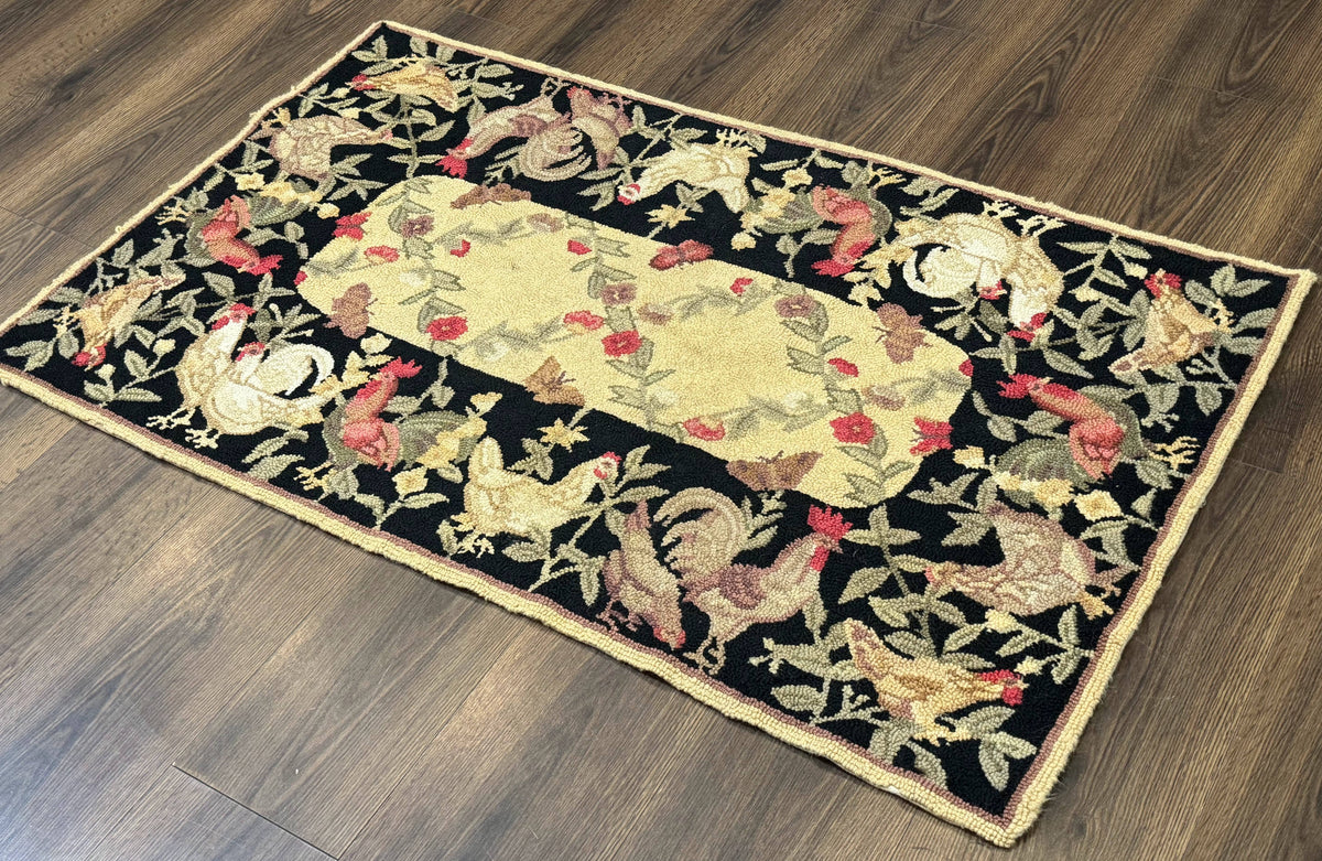 Small Vintage Hooked Rug, Roosters, Handmade, Wool - Jewel Rugs, view 13