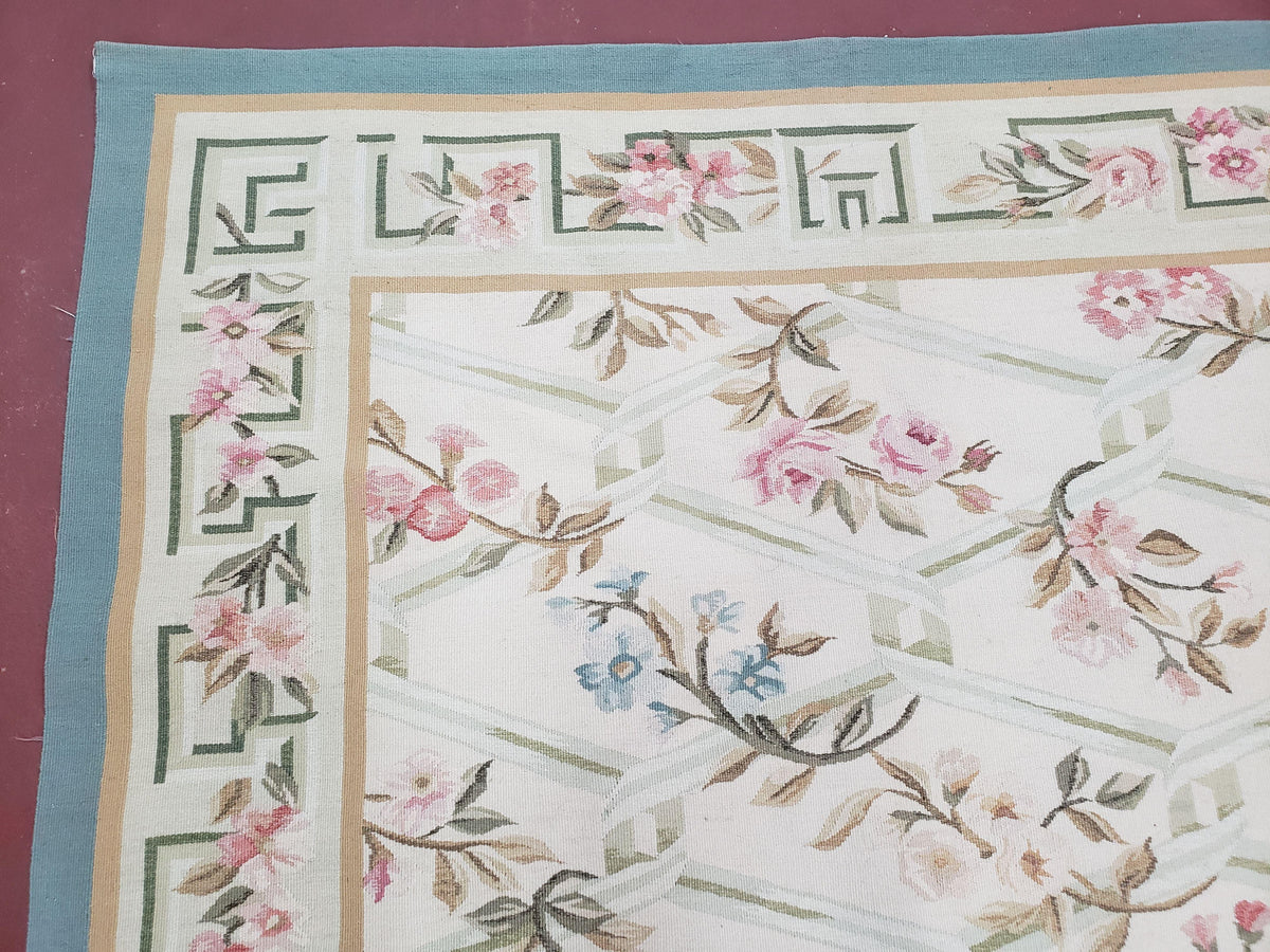 Vintage Aubusson Area Rug, Aubusson Flat weave Carpet, Floral Geometric Pattern, Beige Teal Green, 4x6 Rug, European Design - Jewel Rugs, view 6