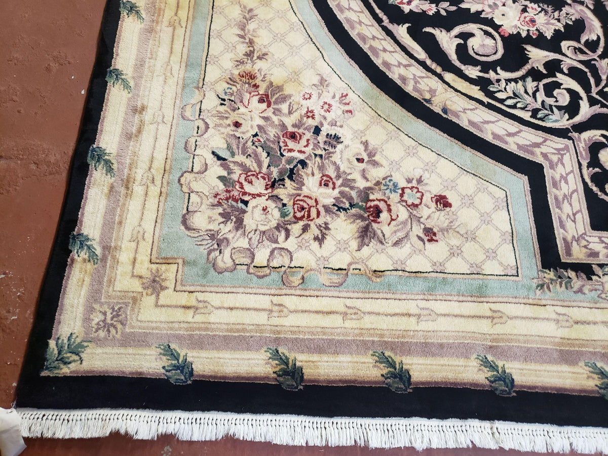 8x10 Aubusson Rug, Fine Hand Knotted Wool Carpet, French European Design, Black & Ivory - Jewel Rugs, view 8