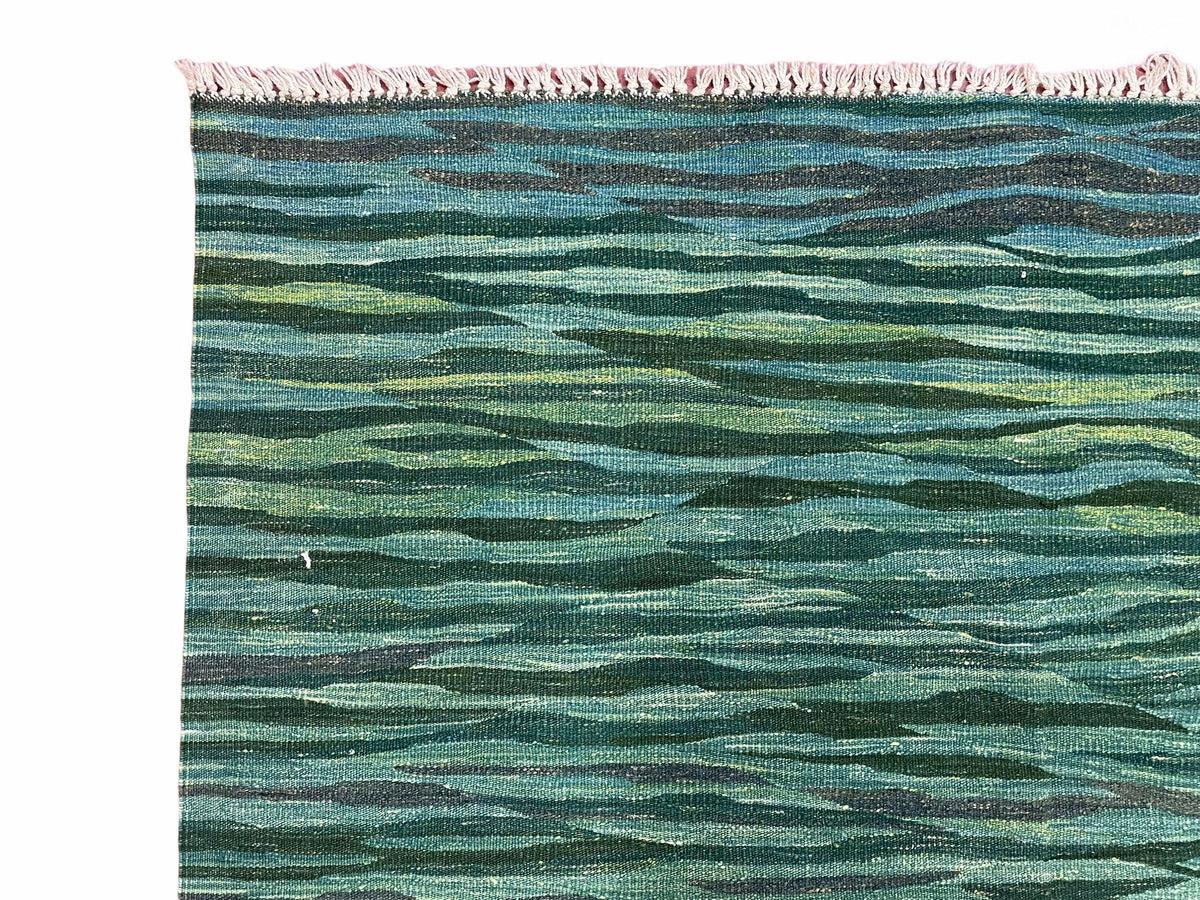 Sea Green Kilim Area Rug, White Blue Red Stripes, Russian Flag Rug, Flatweave Hand Knotted Carpet, Turkish Carpet, Wool, New, 5' 6" x 7' 10" - Jewel Rugs, view 8