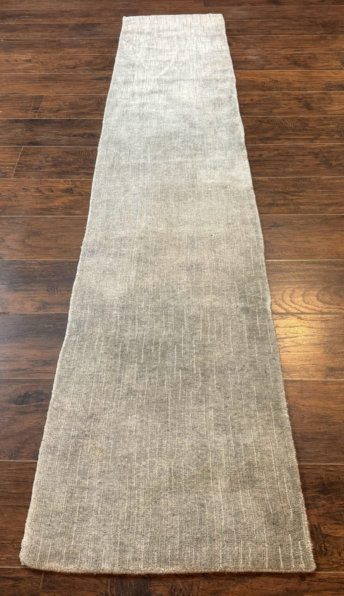 Modern Tibetan Runner Rug 1.9 x 8.6, Wool and Silk Highlights, Gray/Silver, Narrow Runner for Hallway or Kitchen - Jewel Rugs, view 2