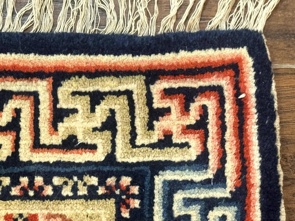 Small Antique Chinese Rug 2x2, Red Blue Square Rug Mat, Handmade, Tibetan Rug - Jewel Rugs, view 8