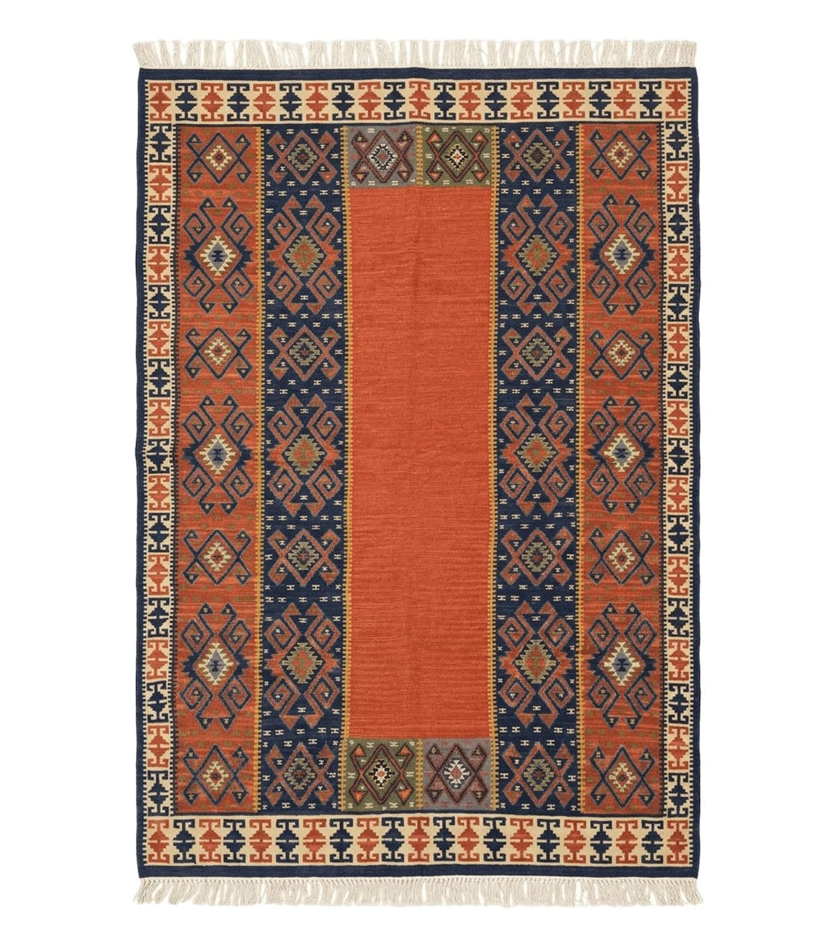 Turkish Kilim Rug 5x8, Flatweave Carpet, Handmade Bohemian Rug, Terracotta and Navy Blue - Jewel Rugs
