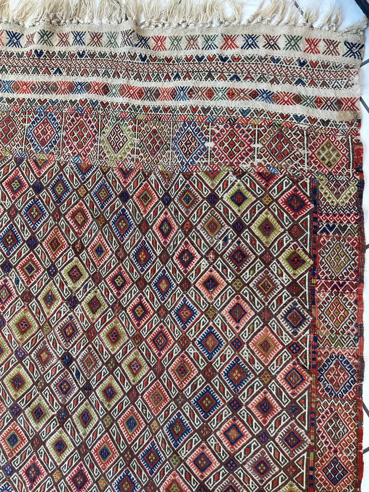 Antique Turkish Kilim Runner 5x14 | Red, Navy & Ivory | Hand-Woven Wool Flatweave - Rugistan, view 7