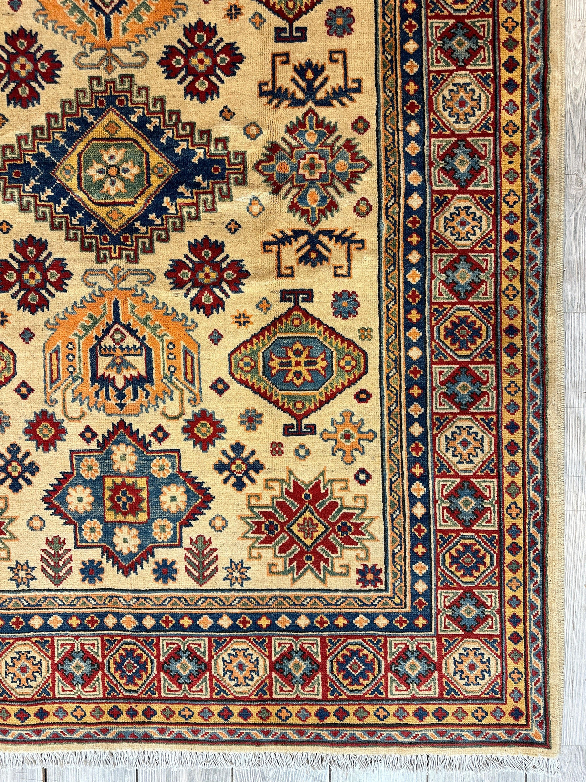 Afghan Kazak Medallion Rug 5x7 | Ivory, Red, Navy & Light Blue | Hand-Knotted Wool - Rugistan, view 8