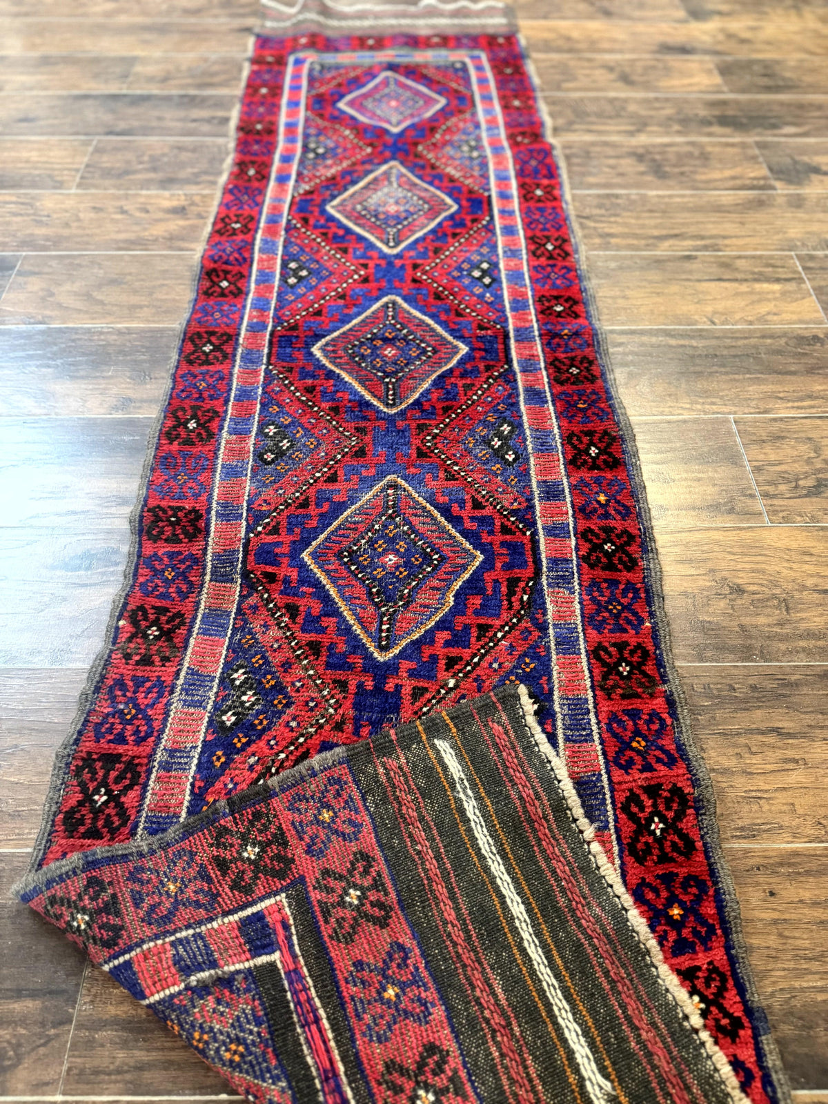Turkoman Runner Rug 2 x 8.6, Skinny Runner, Handmade Wool Carpet for Hallway, Red and Blue, Wool, Vintage 8ft Runner - Jewel Rugs, view 9