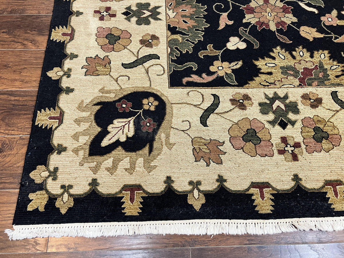 Indo Persian Rug 10x14, Wool Handmade Room Sized Floral Oriental Carpet, Indian Mahal Flatweave Rug, Black Beige - Jewel Rugs, view 9