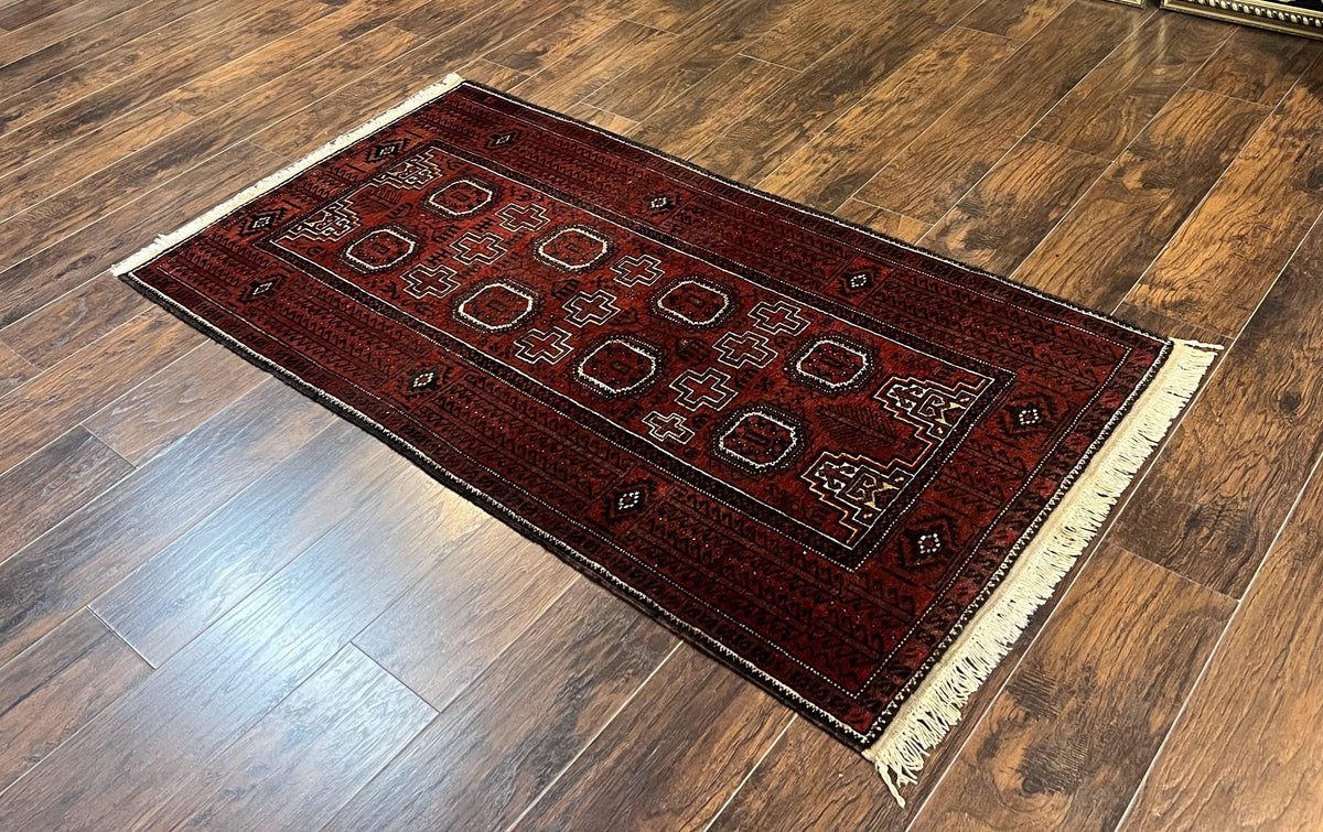 Antique Persian Turkoman Rug 3x6, Wool Tribal Handmade Carpet, Red and Black - Jewel Rugs, view 3