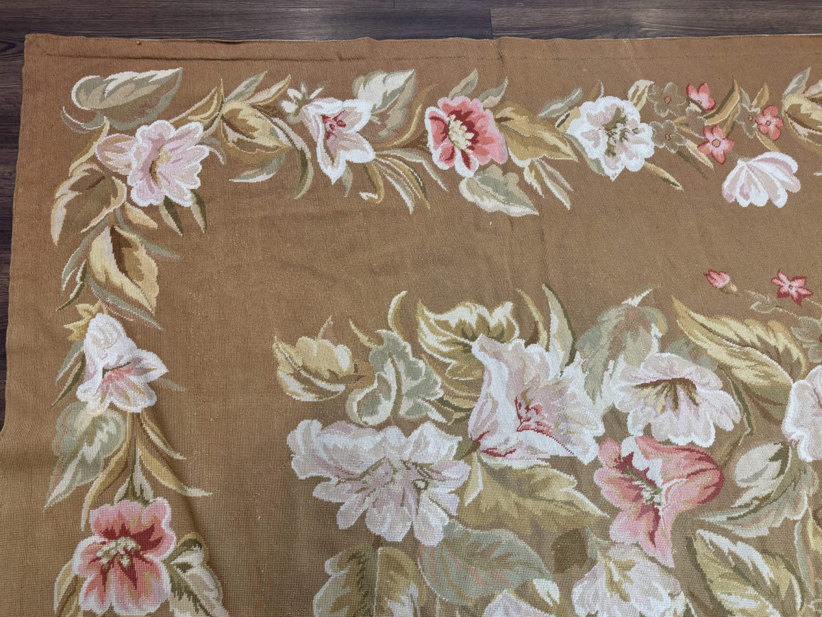 Large Needlepoint Rug 11x14, Vintage Floral Wool Carpet, Caramel - Jewel Rugs, view 6