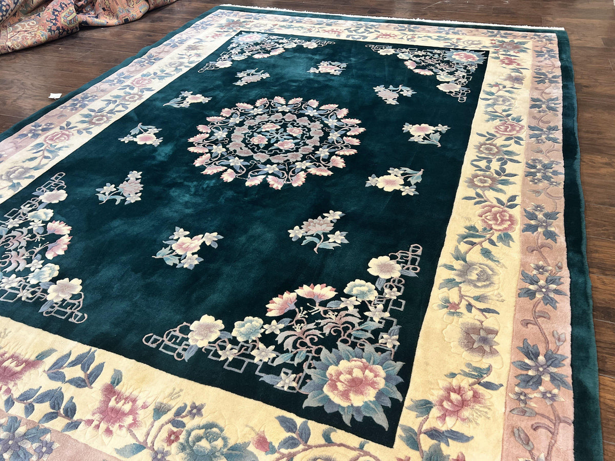 Chinese Art Deco Rug 9x12, Wool Hand Knotted Vintage Carpet, Dark Green & Cream, 90 Line Carving Rug - Jewel Rugs, view 3