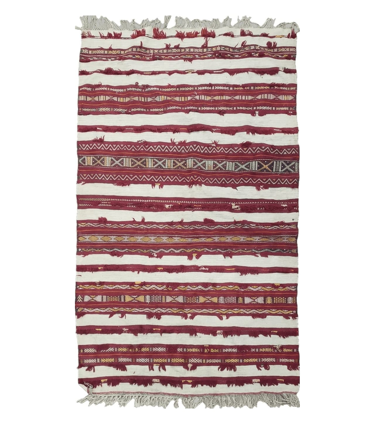 Antique Turkoman Yamud Rug 3x5 ft, 1920s Turkmen Sofreh Table Cover, Bohemian Rug, Tribal Collectible, Striped Rug, Handmade Ivory and Red - Jewel Rugs