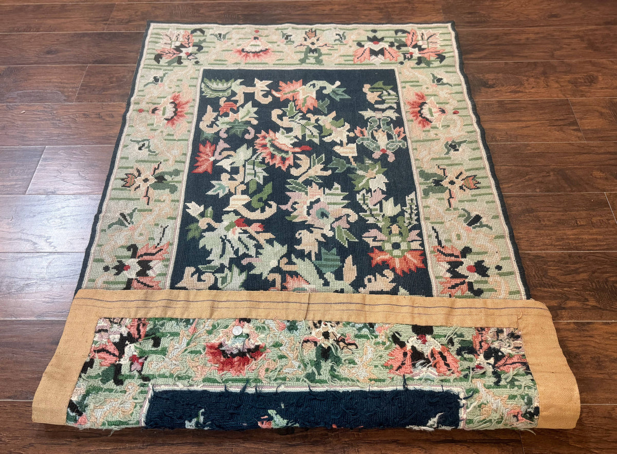 Vintage American Needlepoint Rug 4x6, Dark Green, Wool, Handmade, Flatweave Carpet - Jewel Rugs, view 10