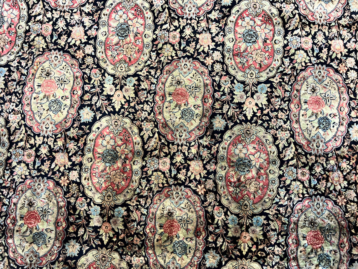 Sino Persian Rug 9x12, Navy Blue and Pink Hand Knotted Wool and Silk Highlights Vintage Oriental Carpet, Handmade Floral Area Rug 9 x 12 ft - Jewel Rugs, view 4