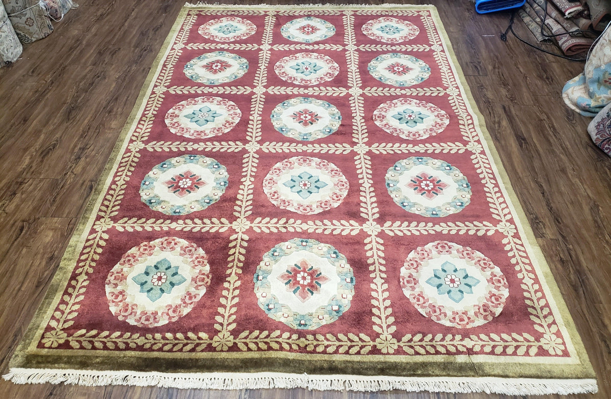 Nepalese Aubusson Panel Rug 6x9, Red & Ivory Soft Plush Tibetan Pile Rug, Wool Hand-Knotted Carpet, 6 x 9 Elegant Area Rug, Office Room Rug - Jewel Rugs, view 2