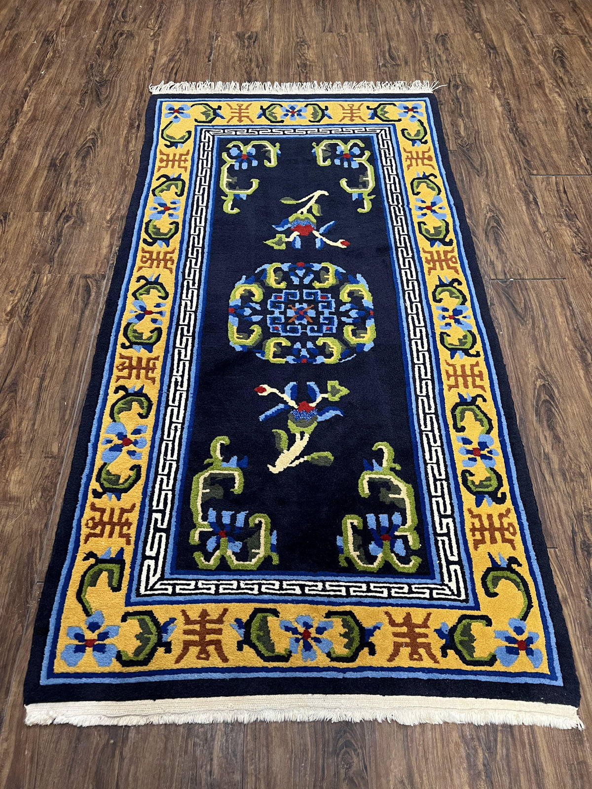 Chinese Art Deco Rug 3 x 5.9, Handmade Chinese Peking Carpet, Dark Blue and Gold, Medallion, Asian Oriental 3x6 Hand Knotted Vintage Rug - Jewel Rugs, view 2