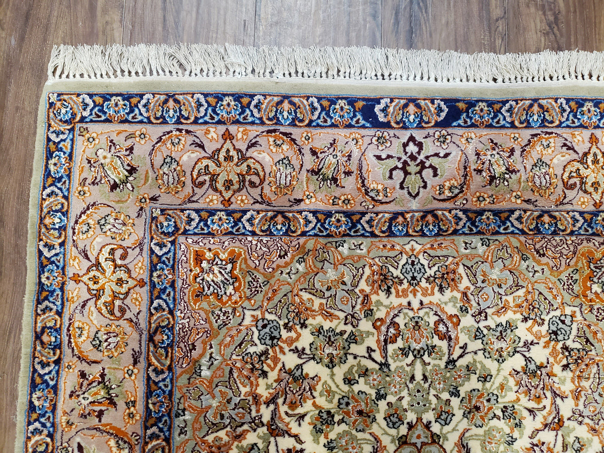 Vintage Persian Isfahan Lachak Toranj Rug, Highly Detailed, Kork Wool on Silk Foundation, Beige and Dark Blue, Hand-Knotted, 3'6" x 5' 4" - Jewel Rugs, view 7
