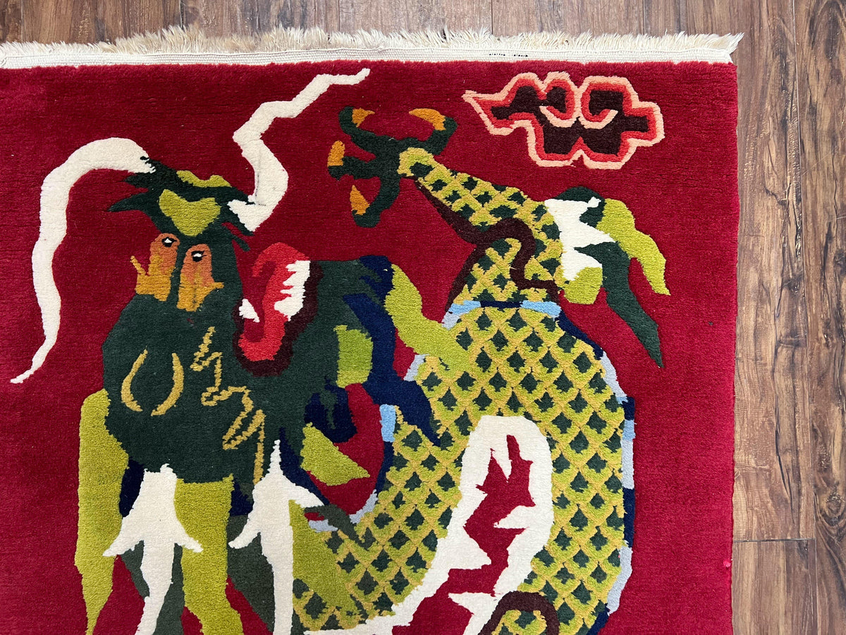 Vintage Chinese Dragon Rug 3 x 6.8, Handmade Hand Knotted Red Chinese Carpet with Gold Dragon, Art Deco Peking Soft Chinese Rug Runner - Jewel Rugs, view 8