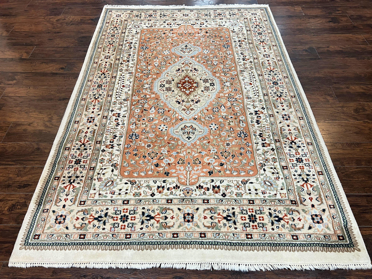 Indo Persian Rug 6x9, Wool Hand Knotted Vintage Carpet, Salmon & Ivory, Traditional Oriental Rug 6 x 9 - Jewel Rugs, view 2