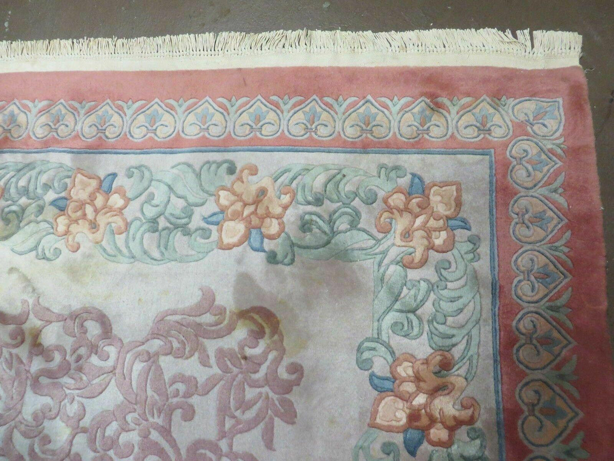 9' X 12' Vintage Handmade Chinese Carving Sculpture Wool Rug Flower Design Pink Carpet - Jewel Rugs, view 8