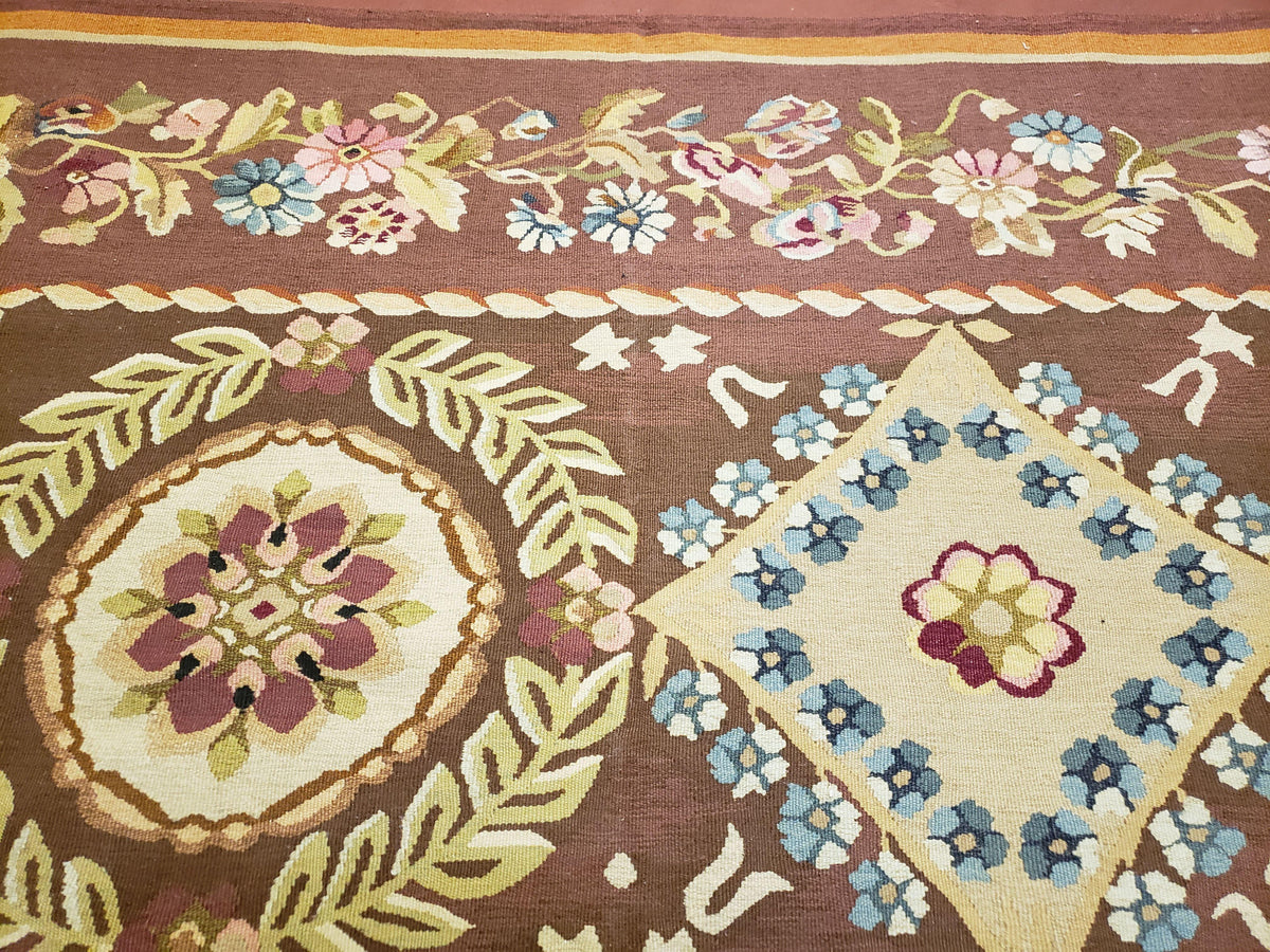 Aubusson Rug 6 x 9 Flat Weave Area Carpet European Design Flowers New Brown Rug Handmade Wool Hand-Knotted Aubusson Weave Medium Rug 6x9 - Jewel Rugs, view 12