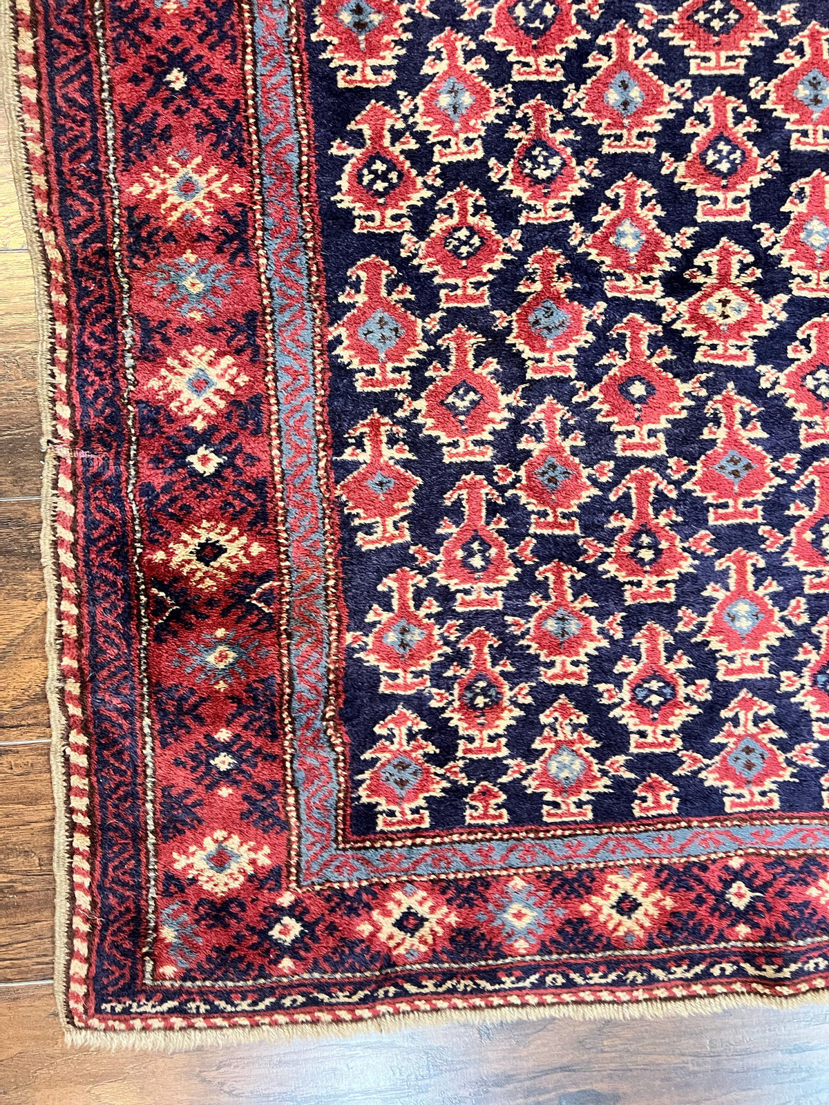 Turkish Sparta Rug 3x4, Allover Pattern, Navy Blue and Red, Antique Ispara Oriental Carpet 3 x 4, Small Turkish Handmade Vintage Wool Rug - Jewel Rugs, view 9