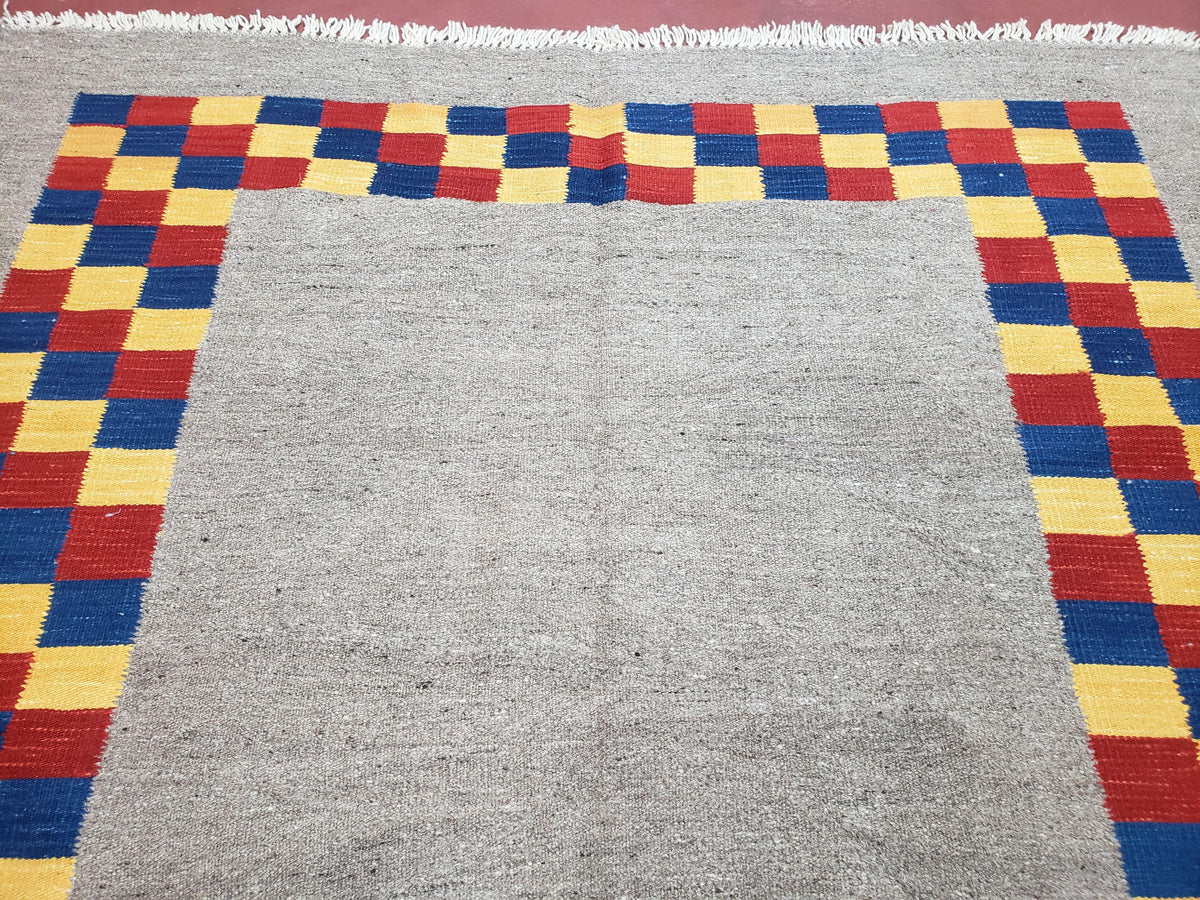 New Turkish Kilim Area Rug, Gray Carpet With Colorful Checker Border, 5'6" x 8", Flatweave Carpet, Playroom Rug, Kids Room Rug, Hand-Knotted - Jewel Rugs, view 11