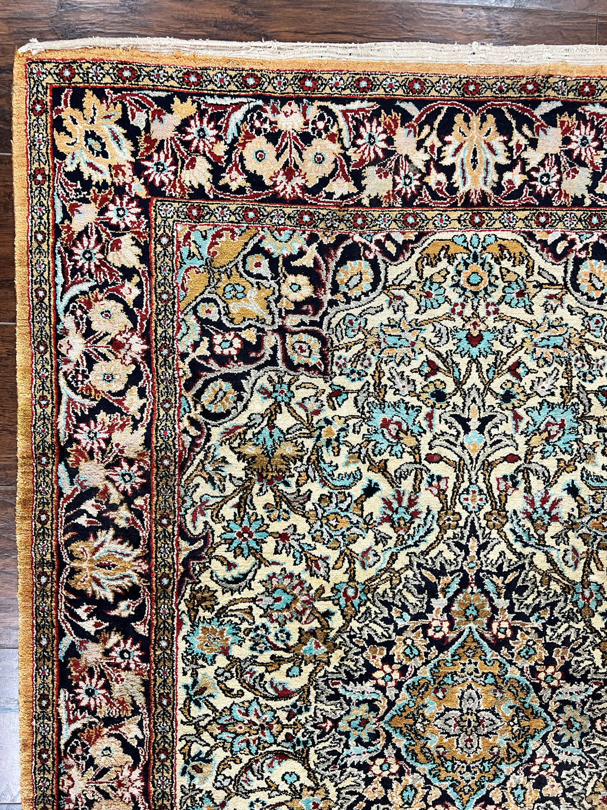 Silk Persian Qum Rug 4x5, Hand Knotted Vintage Carpet, Cream & Navy Blue, Silk Pile on Silk Foundation, Very Fine 360 KPSI - Jewel Rugs, view 6