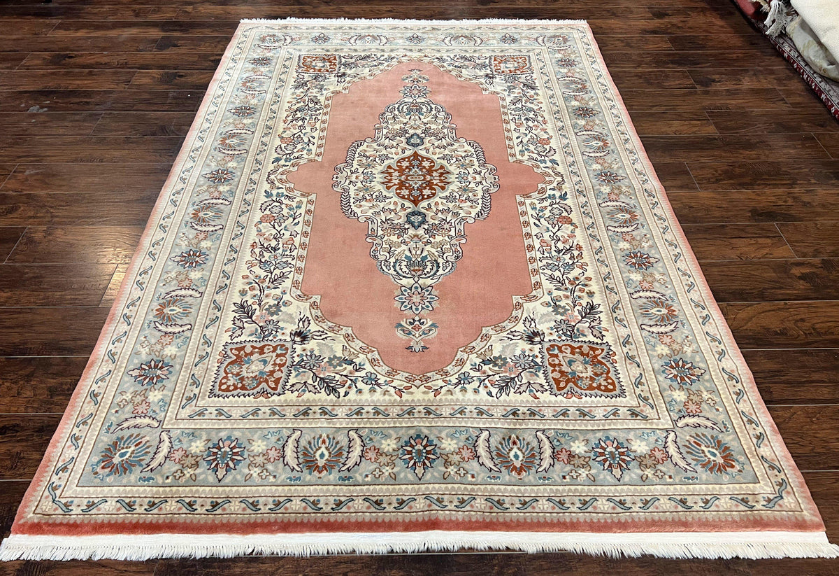 Indo Persian Rug 6x9, Semi Open Field Medallion Rug, Vintage Hand Knotted Wool Oriental Carpet, Traditional Rug, Light Pink, Medium Size - Jewel Rugs, view 2