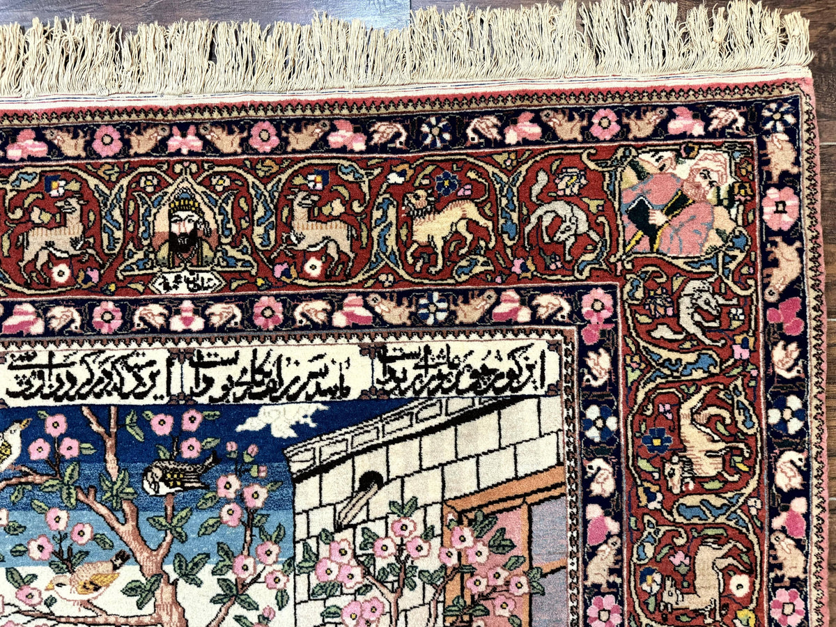 Wonderful Persian Kashan Pictorial Rug 4.7 x 6.5, Persian Rug for Wall Hanging, Handmade Antique Wool Carpet Animal Motifs Poetry Lovers, 240 KPSI - Jewel Rugs, view 8