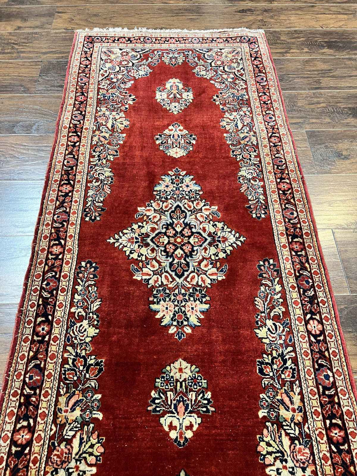 Persian Sarouk Runner Rug 2.7 x 6, Semi Open Field, Red, Handmade Hand Knotted, Wool Oriental Carpet, Vintage Semi Antique - Jewel Rugs, view 3