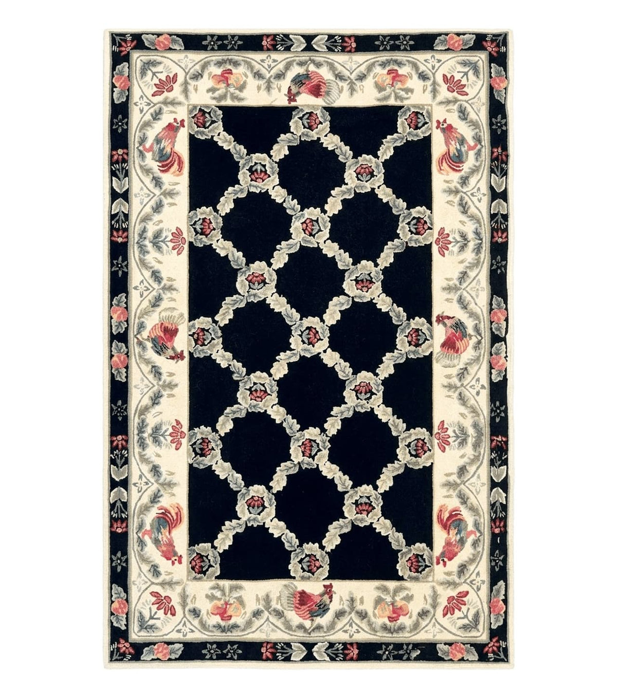 Hooked Rug 5x8, European Aubusson Pattern, Black and Ivory, Roses & Roosters, Vintage Wool Rug - Jewel Rugs