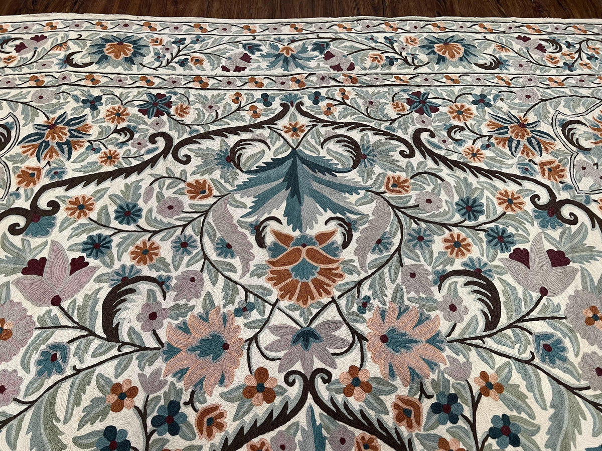 Chain Stitched Rug 9x12 Vintage Carpet 9 x 12 Flatweave Rug, Ivory Teal Rug, Area Rug 9 by 12, Hand Stitched Rug, Medallion, Indian Rug - Jewel Rugs, view 4