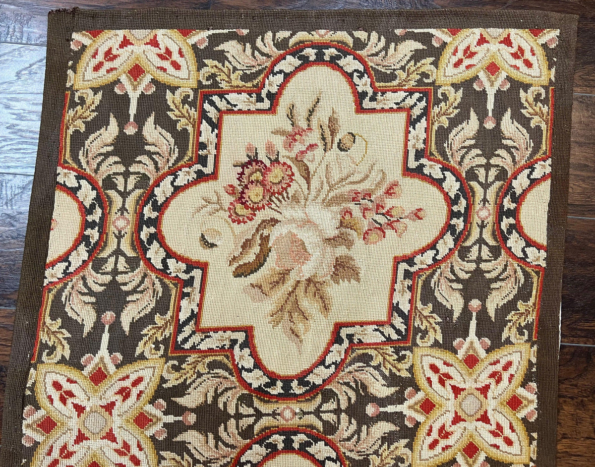 Needlepoint Runner Rug 2.8 x 9.8, Brown and Beige, Handwoven Handmade Floral French European Design, Vintage Flatweave 10ft Wool Runner Rug - Jewel Rugs, view 10