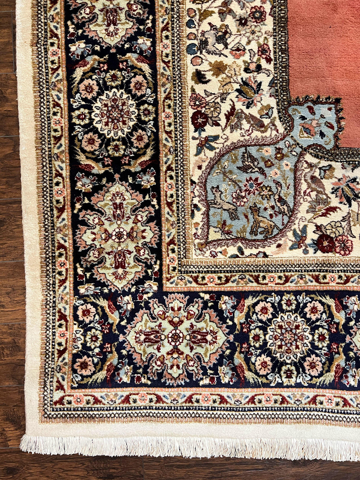 Persian Tabriz Rug 10x13, Wool Hand Knotted Vintage Carpet, Salmon Red & Ivory, Semi Open Field, Birds & Animal Motifs, Large Rug - Jewel Rugs, view 8