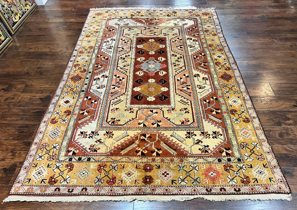 Turkish Rug 7x10, Wool Hand Knotted Vintage Carpet, Geometric Kazak Pattern - Jewel Rugs, view 2