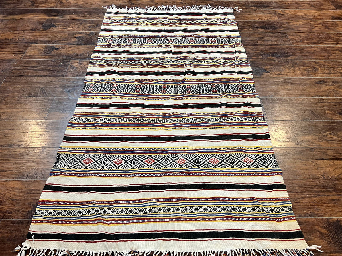 South American Kilim Rug 4x7 ft, Wool Handmade Vintage Carpet, Ivory Black Multicolor Stripes, Bohemian Blanket Rug, Flatweave Area Rug - Jewel Rugs, view 2