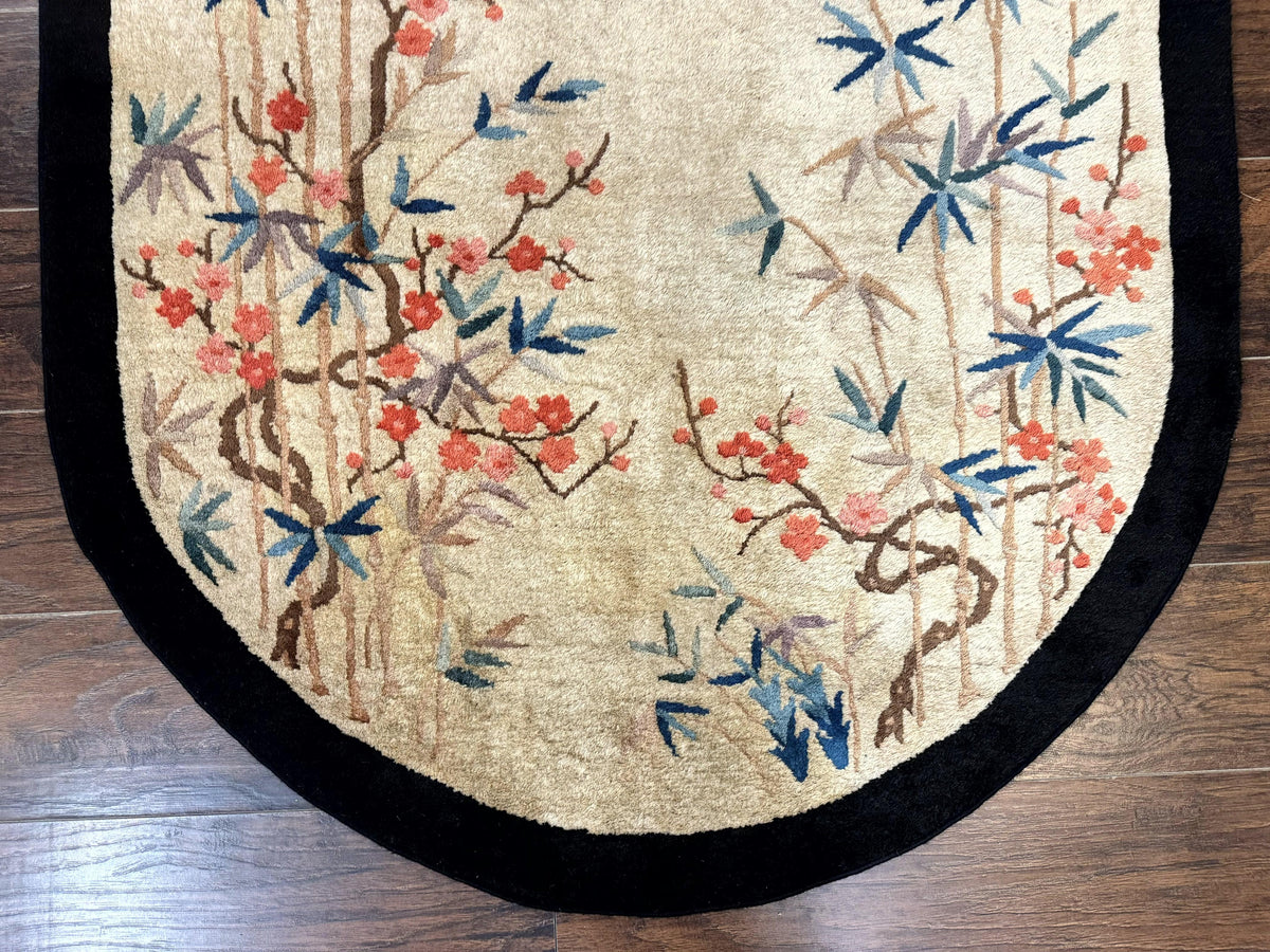Antique Chinese Oval Rug 3.9 x 6.7, Floral, Butterflies, Chinese Wool Art Deco Peking Carpet, Beige, Handmade - Jewel Rugs, view 8