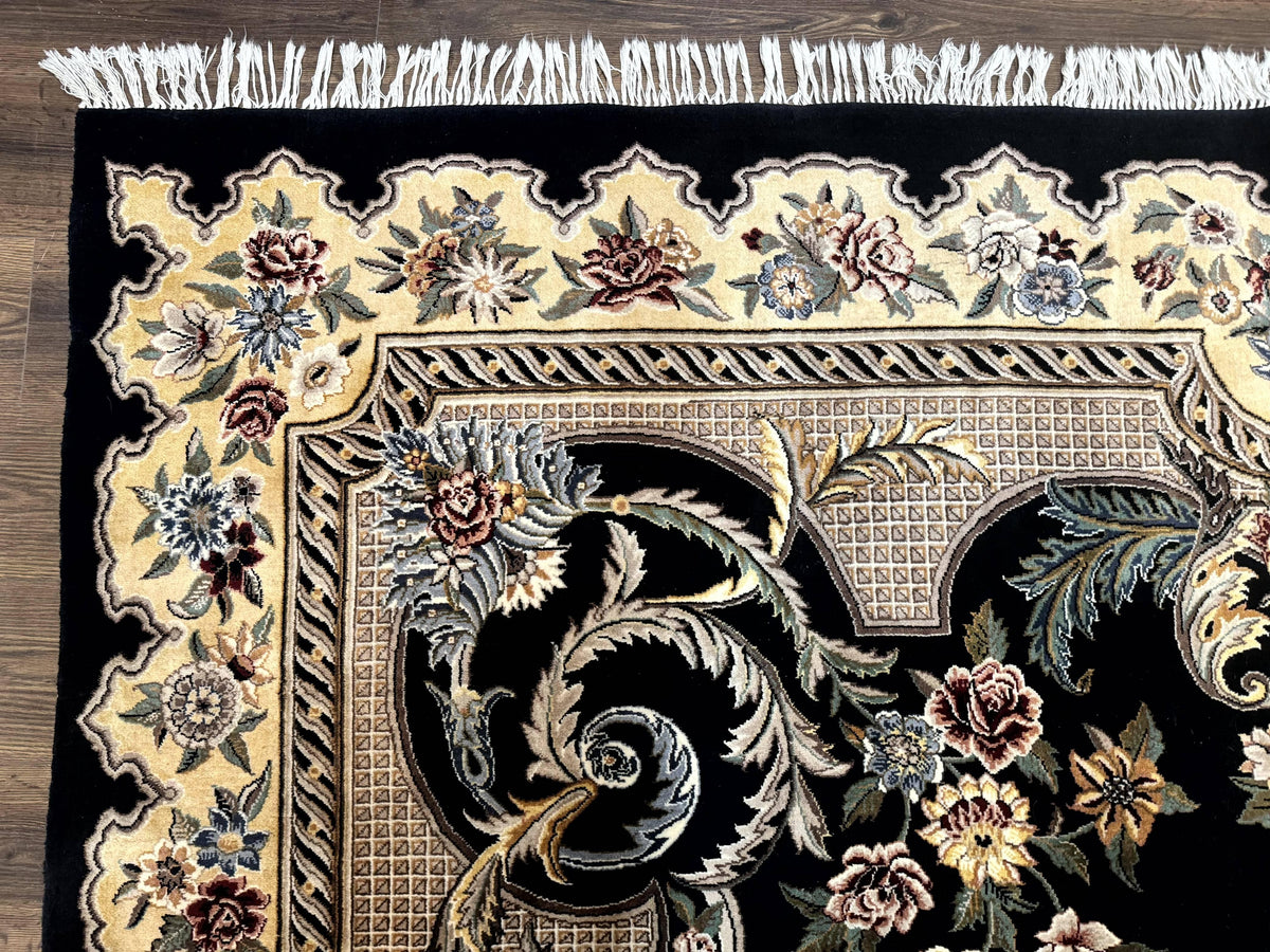 Aubusson Rug 9x12, Black and Beige, Floral, Elegant Handmade French European Design Carpet - Jewel Rugs, view 7