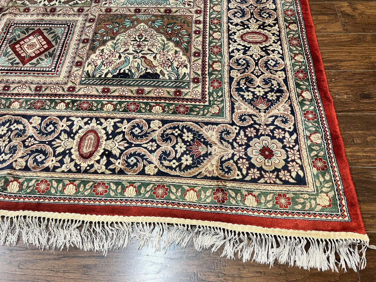 Silk Sino Persian Rug 9x12, Panel Design, Garden of Eden Pattern, Fine 200 KPSI, Hand Knotted Room Sized Silk Carpet, Vintage - Jewel Rugs, view 10