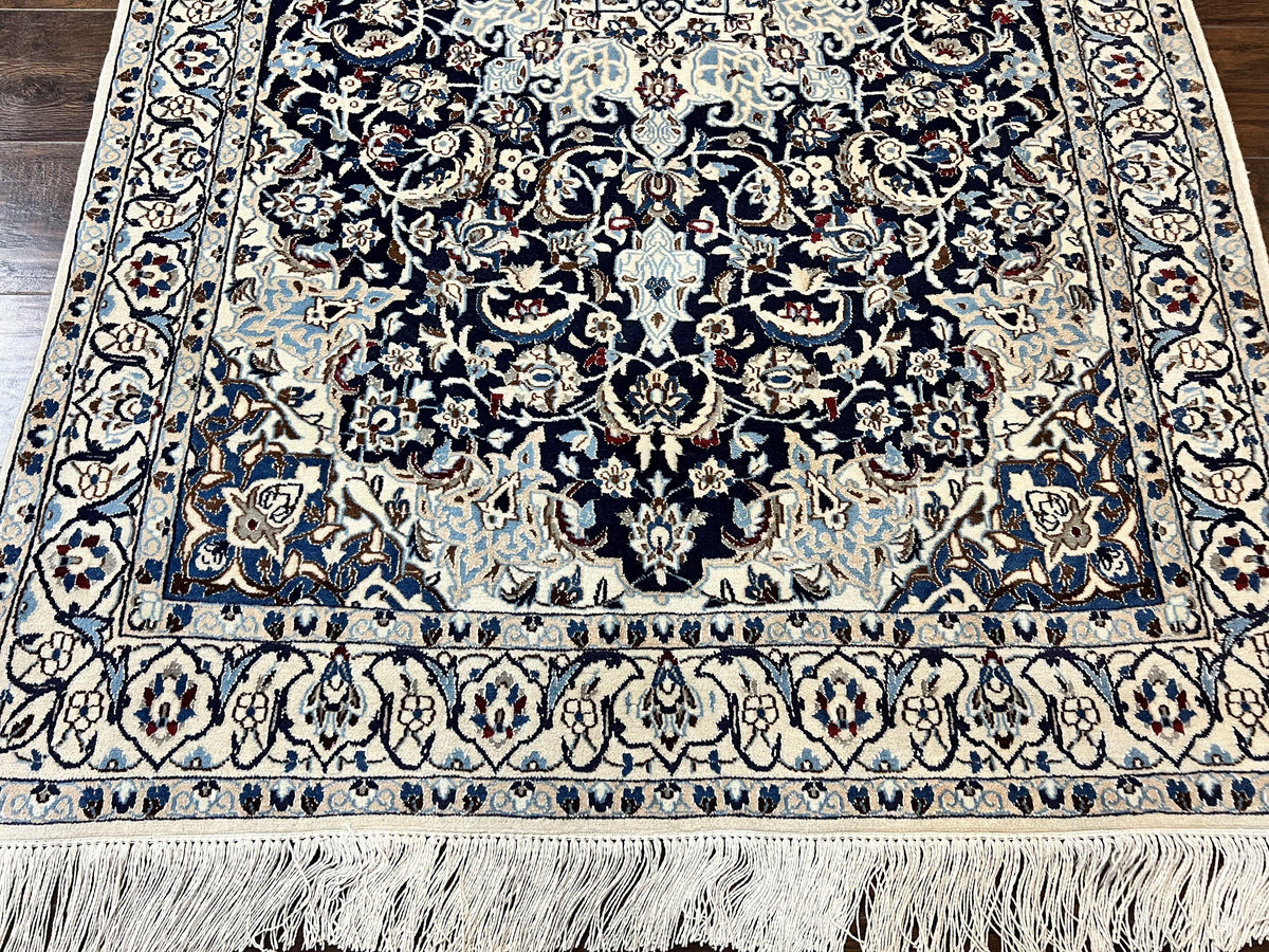 Persian Nain Rug 4x6, Floral, Hand Knotted Vintage Wool & Silk Highlights, Signature from Masterweaver, Navy Blue and Ivory - Jewel Rugs, view 6