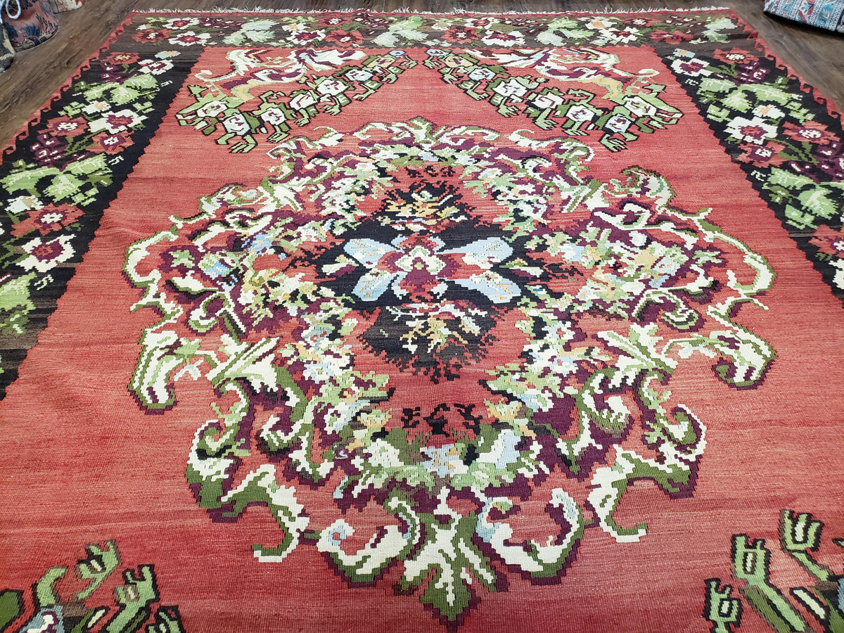 Karabakh Rug 8x11, Caucasian Kilim Rug, Vintage Antique Turkish Anatolian Azerbaijani Carpet, Wool Red & Black Hand-Woven 8 x 11 Living Room - Jewel Rugs, view 12