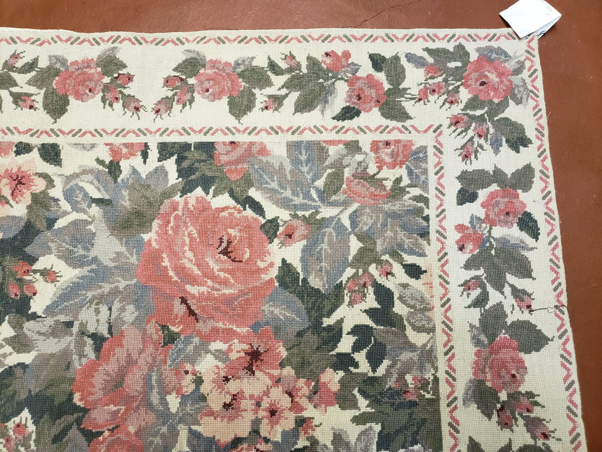 5x8 Needlepoint Rug 5' 4" x 8' 3" Wool Flat Weave Floral New Unused Carpet English Design Ivory Large Pink Flowers Green Leaves Hand-Knotted - Jewel Rugs, view 8