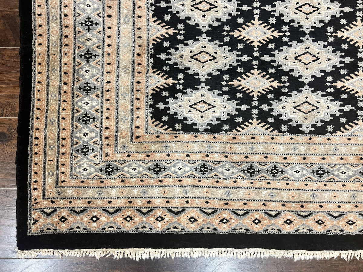 Pakistani Bokhara Rug 6x9, Hand Knotted Vintage Wool Carpet with Silk Highlights, Very Fine 320 KPSI, Medium Size - Jewel Rugs, view 9